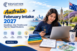 Nepali student planning the Australia February intake 2027 with laptop, passport and offer letter
