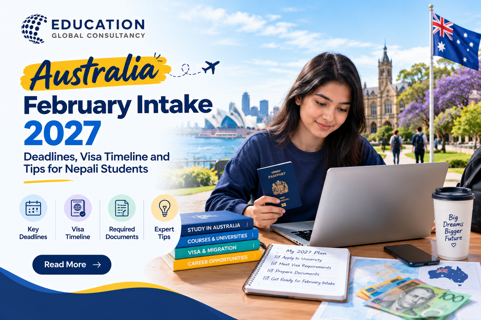 Nepali student planning the Australia February intake 2027 with laptop, passport and offer letter
