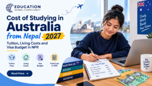 Nepali student planning the cost of studying in Australia from Nepal with a laptop, budget notes and Australian dollars
