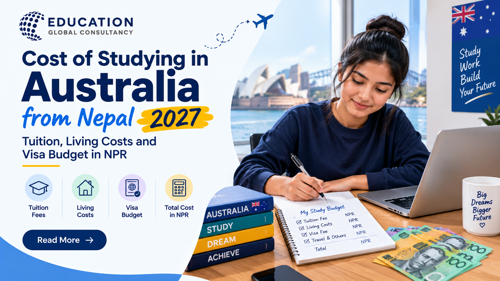 Nepali student planning the cost of studying in Australia from Nepal with a laptop, budget notes and Australian dollars