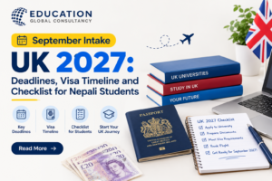 Nepali student planning the September intake UK 2027 on a laptop with a UK campus in the background