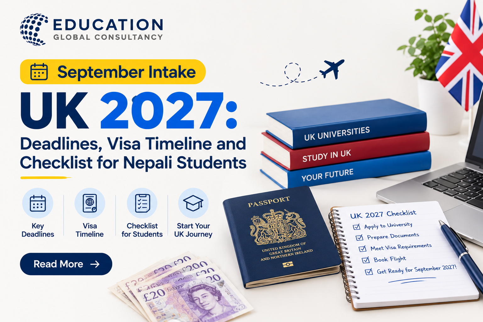 Nepali student planning the September intake UK 2027 on a laptop with a UK campus in the background