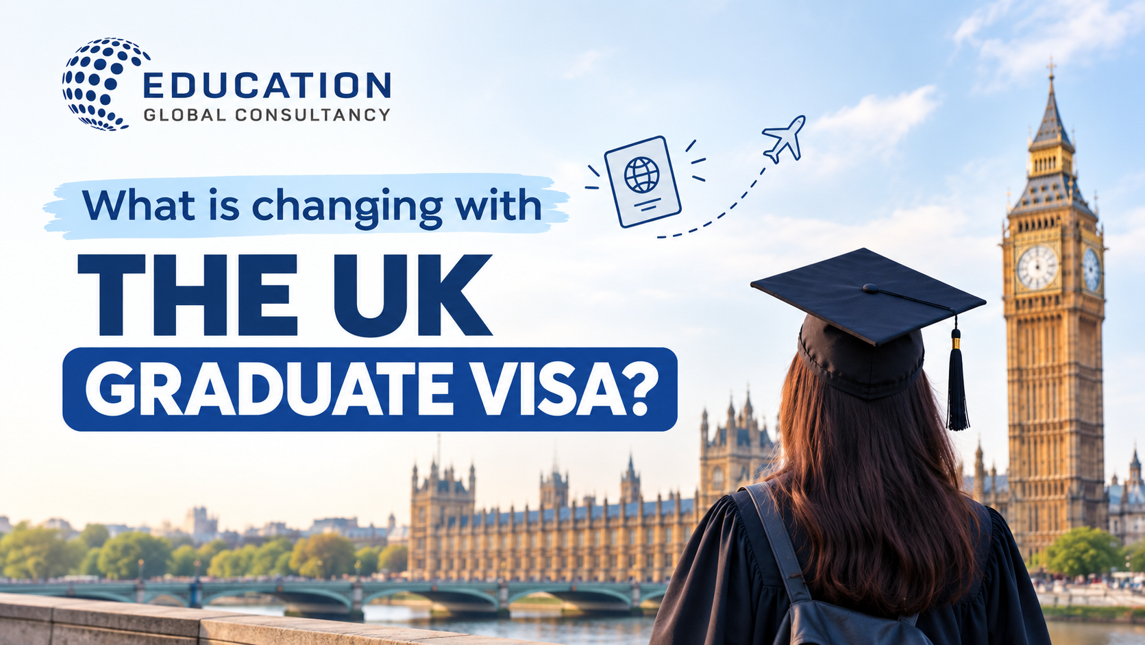 International student graduating in the UK, with text showing the UK Graduate visa reducing to 18 months from January 2027